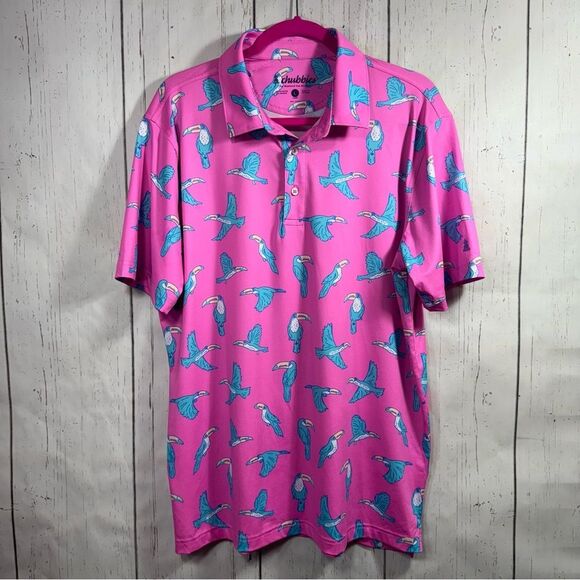 Chubbies Mens Lightweight The Toucan Do It Performance Golf Pink Polo Shirt - Picture 1 of 16